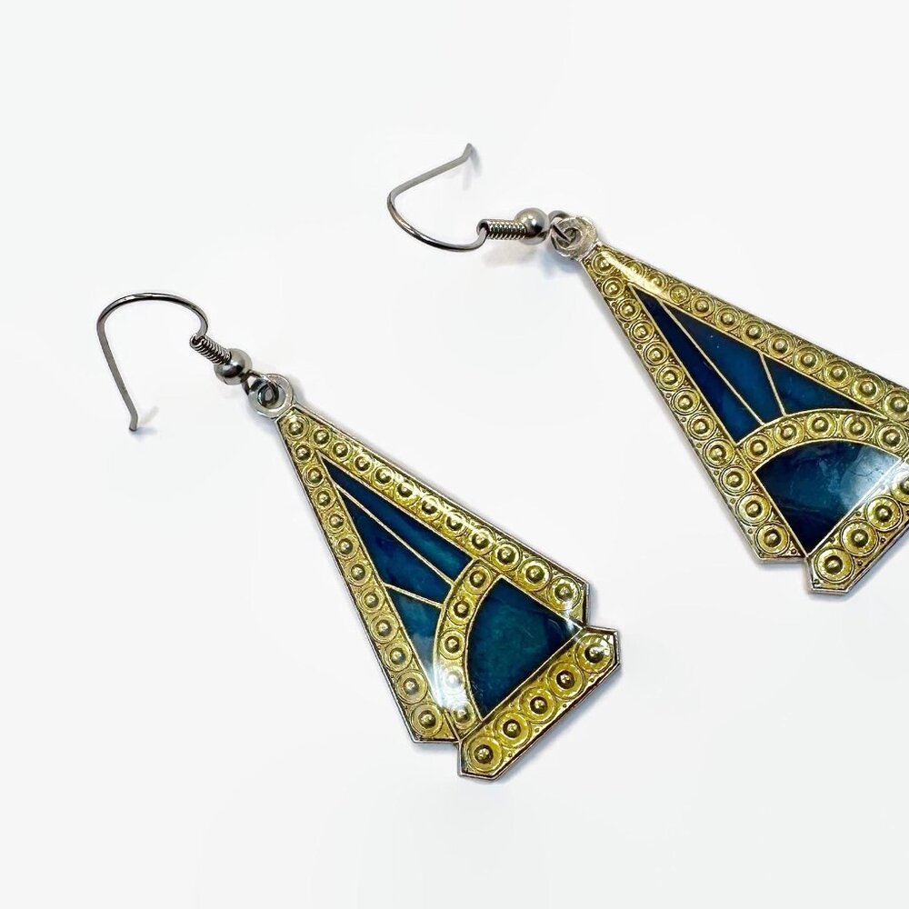 Vintage Earrings, Art Deco Style, Gold Tone, Enamel, Teal Blue, Pierced, Dangle
